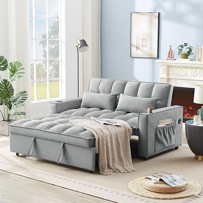 64" Oversized Loveseat Sofa Convertible Spacious Full Size Sleeper Sofabed with Pull Out Couch Bed,Cupholders,USB Charging Ports and Storage Pockets for Home Apartment Office Living Room - LeafyLoom