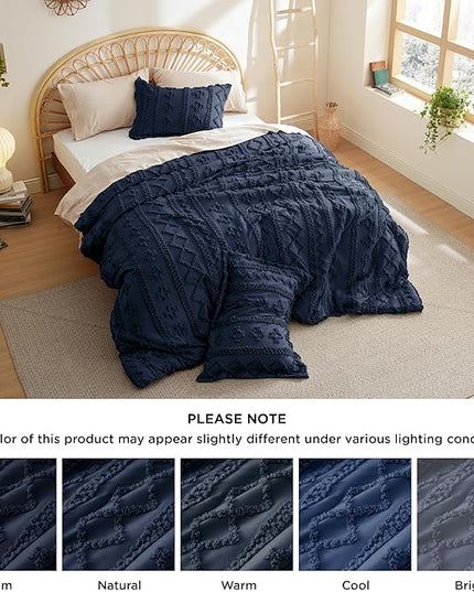 Bedsure Tufted Boho Comforter Set Queen - Navy Boho Bedding Comforter Set, 3 Pieces Farmhouse Shabby Chic Embroidery Bed Set, Soft Jacquard Comforter for All Seasons - LeafyLoom