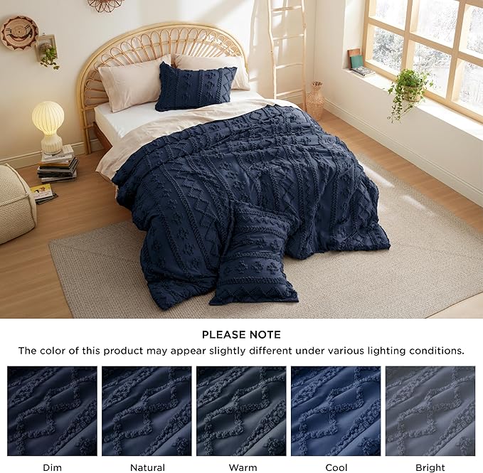 Bedsure Tufted Boho Comforter Set King - Navy Boho Bedding Comforter Set, 3 Pieces Farmhouse Shabby Chic Embroidery Bed Set, Soft Jacquard Comforter for All Seasons - LeafyLoom