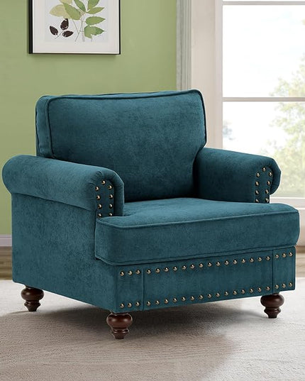 Upholstered Single Sofa Chair with Metal Legs, Modern Armchairs with Nailhead Trim for Living Room,Bedroom and Office, Lake Green, 60.83" W - LeafyLoom