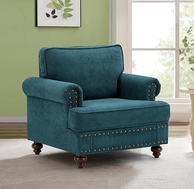 Upholstered Single Sofa Chair with Metal Legs, Modern Armchairs with Nailhead Trim for Living Room,Bedroom and Office, Lake Green, 60.83" W - LeafyLoom