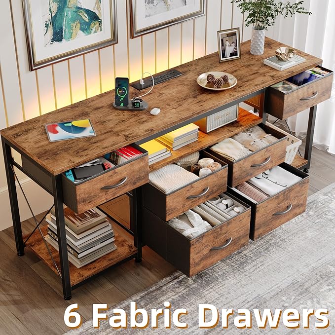 LED TV Stand with Power Outlet and 6 Fabric Drawers for 55 60 65 Inch TVs, Entertainment Center with Media Console and Open Storage Shelves, Dresser TV Stand for Bedroom/Living Room,Brown - LeafyLoom