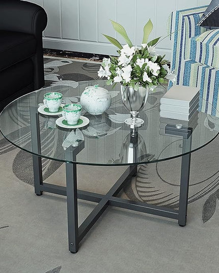 NicBex Coffee Table Modern Tempered Glass Coffee Table with Storage Round Center Tables with Metal Legs Dining Table for Living Room, Dining Room, Office, and Bedroom,35.44" W, Transparent+Gray - LeafyLoom
