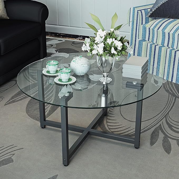 NicBex Coffee Table Modern Tempered Glass Coffee Table with Storage Round Center Tables with Metal Legs Dining Table for Living Room, Dining Room, Office, and Bedroom,35.44" W, Transparent+Gray - LeafyLoom