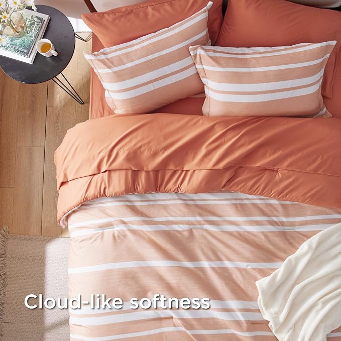 Bedsure Bed in a Bag Queen Size 7 Pieces, Burnt Orange White Striped Bedding Comforter Sets All Season Bed Set, 2 Pillow Shams, Flat Sheet, Fitted Sheet and 2 Pillowcases - LeafyLoom