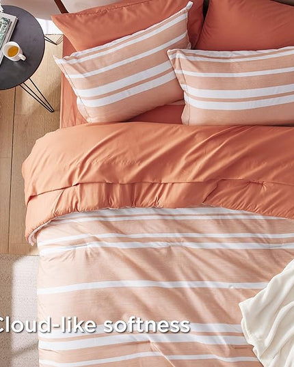 Bedsure Bed in a Bag King Size 7 Pieces, Burnt Orange White Striped Bedding Comforter Sets All Season Bed Set, 2 Pillow Shams, Flat Sheet, Fitted Sheet and 2 Pillowcases - LeafyLoom