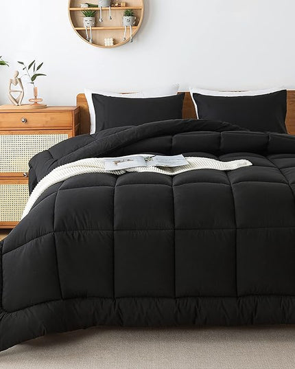 WhatsBedding Black Queen Comforter Set, Lightweight All Season Soft Down Alternative Bed Comforter, 3 Pieces Bedding Set with 2 Pillowcases, Queen Size, 88"x90" - LeafyLoom
