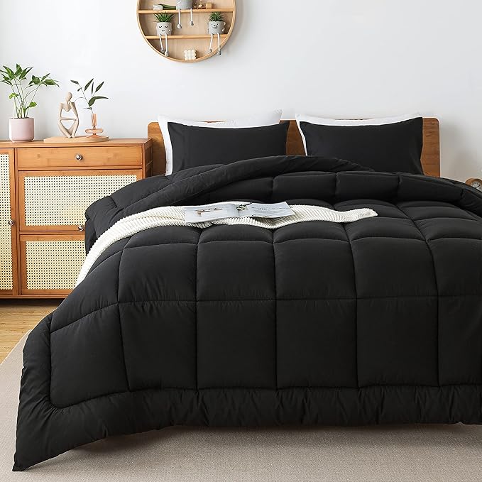 WhatsBedding Black King Comforter Set, Lightweight All Season Soft Down Alternative Bed Comforter, 3 Pieces Bedding Set with 2 Pillowcases, King Size, 102"x90" - LeafyLoom