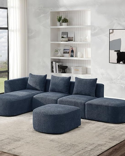 113" L-Shape Sectional Side Chaise and Ottoman, Modular Sofa, DIY Combination, Loop Yarn Fabric for Living Room, Apartment, 113inch, Blue Left - LeafyLoom