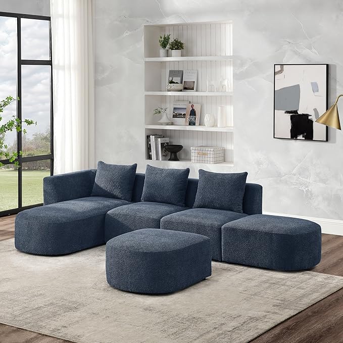 113" L-Shape Sectional Side Chaise and Ottoman, Modular Sofa, DIY Combination, Loop Yarn Fabric for Living Room, Apartment, 113inch, Blue Left - LeafyLoom