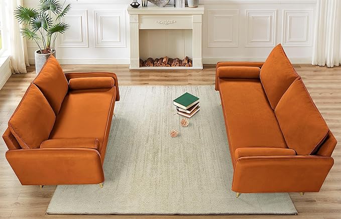 Kent Modern Sofa, European Style Velvet Living Room Furniture with Tapered Legs, Vintage Flair, and Sleek Design, Orange - LeafyLoom