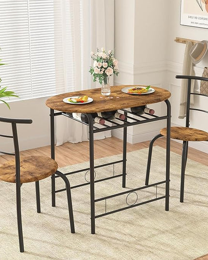 VECELO 3-Piece Dining Table Set for Kitchen Breakfast Nook, Wood Grain Oval Tabletop and Metal Frame with Built-in Wine Rack, for Small Spaces, 31.5", Antique & Black - LeafyLoom