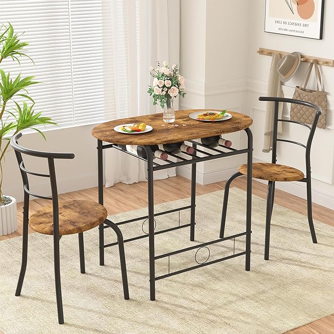 VECELO 3-Piece Dining Table Set for Kitchen Breakfast Nook, Wood Grain Oval Tabletop and Metal Frame with Built-in Wine Rack, for Small Spaces, 31.5", Antique & Black - LeafyLoom
