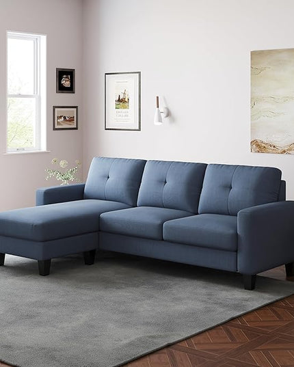 L Shaped Convertible Sectional Sofa, 3 Seater Linen Fabric Corner Couch with Reversible Chaise Movable Ottoman, Button Tufted Sofa&Couches for Small Apartments, Living Rooms and Offices - LeafyLoom