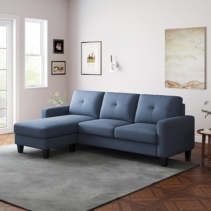 L Shaped Convertible Sectional Sofa, 3 Seater Linen Fabric Corner Couch with Reversible Chaise Movable Ottoman, Button Tufted Sofa&Couches for Small Apartments, Living Rooms and Offices - LeafyLoom