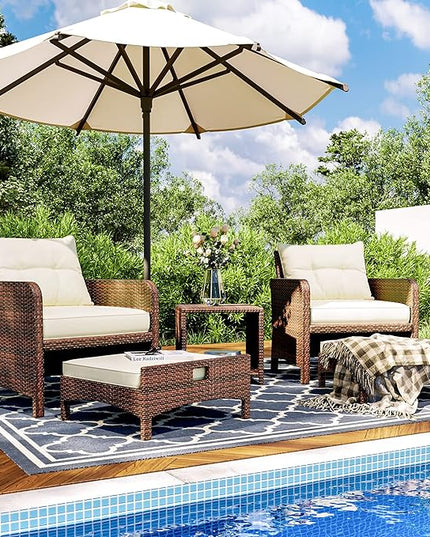 Pamapic 5 Pieces Outdoor Patio Wicker Chairs Set with Ottoman, Outside Conversation Furniture Set with Cushions and Coffee Table for Balcony Porch Lawn Garden (Cream Cushion+ Umber Rattan) - LeafyLoom