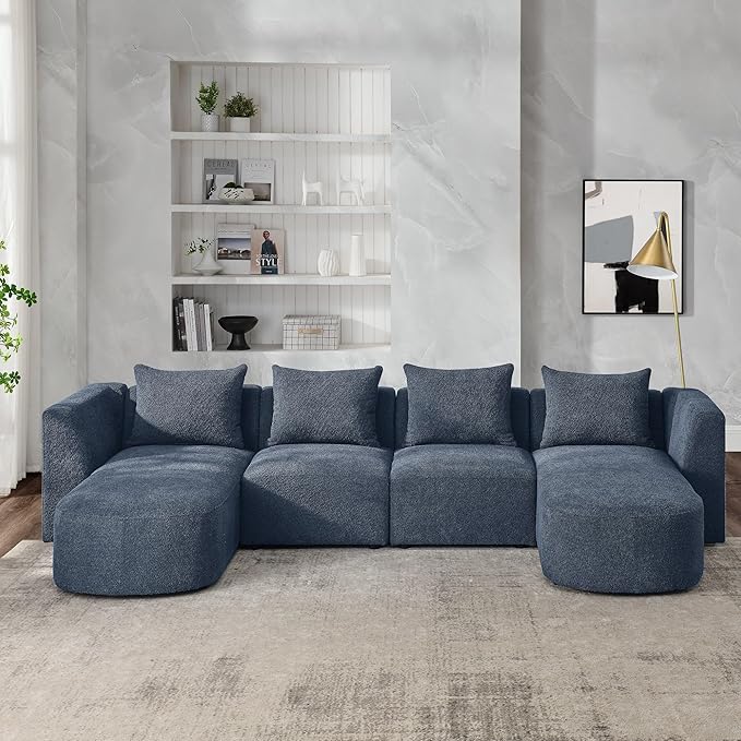117" U-Shape Sectional Single Seats and Two Chaises, Modular Sofa, DIY Combination, Loop Yarn Fabric for Living Room, Apartment, 117inch, Blue - LeafyLoom