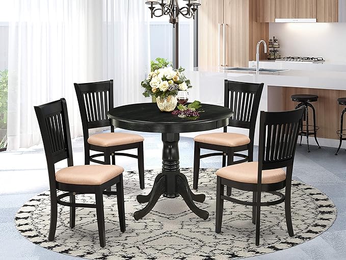 East West Furniture ANVA5-BLK-C 5 Piece Dining Room Furniture Set Includes a Round Dining Table with Pedestal and 4 Linen Fabric Upholstered Chairs, 36x36 Inch, Black - LeafyLoom