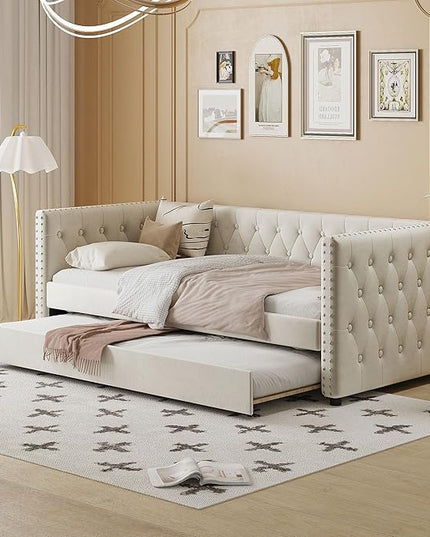 Twin Size Tufted Upholstered Daybed with Trundle, Solid Wood Velvet Bed with Rivet, Box-spring Needed, Space-Saving Design, for Living Room, Bedroom, Dorm, Beige-6 - LeafyLoom