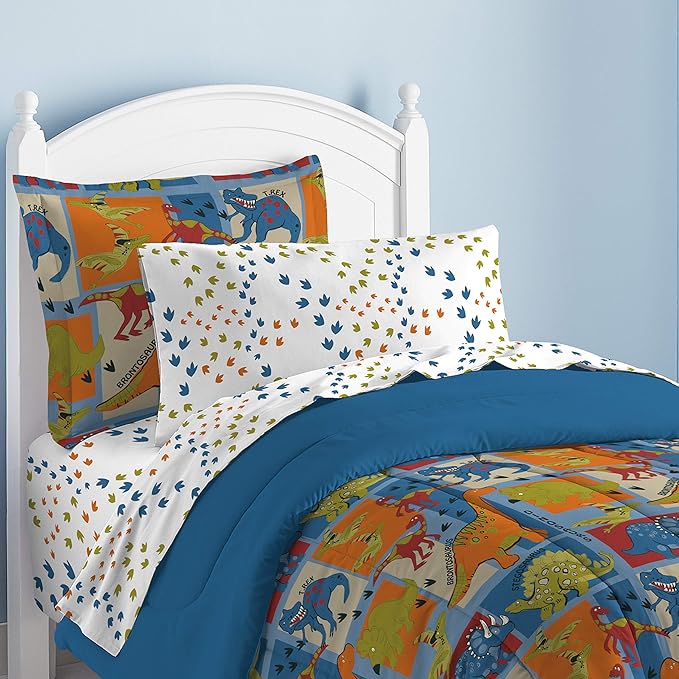 Dream Factory Dinosaur Blocks Ultra Soft Microfiber Boys Comforter Set, Blue, Twin - LeafyLoom