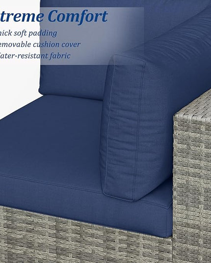 SUNVIVI OUTDOOR 7 Piece Patio Furniture Sets All Weather Gery PE Wicker Couch Sofa with Glass Table, Removable Navy Cushions - LeafyLoom