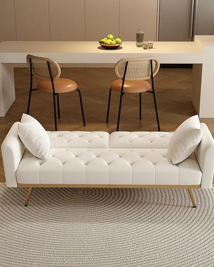 Velvet Upholstered Modern Convertible Futon Couch Folding Sofa Bed Recliner Lounge Loveseat Daybed Sofacama with Adjustable Backrest and Golden Legs for Small RV Living Room Office, Beige 68.3" - LeafyLoom