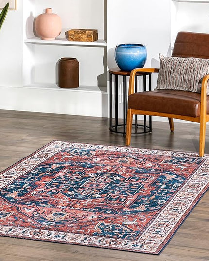 nuLOOM 8x10 Machine Washable Rain Haven Vintage Medallion Area Rug, Rust, Traditional Faded Design, Non-Slip Backing, Stain Resistant, For Bedroom, Dining Room, Living Room, Kitchen - LeafyLoom