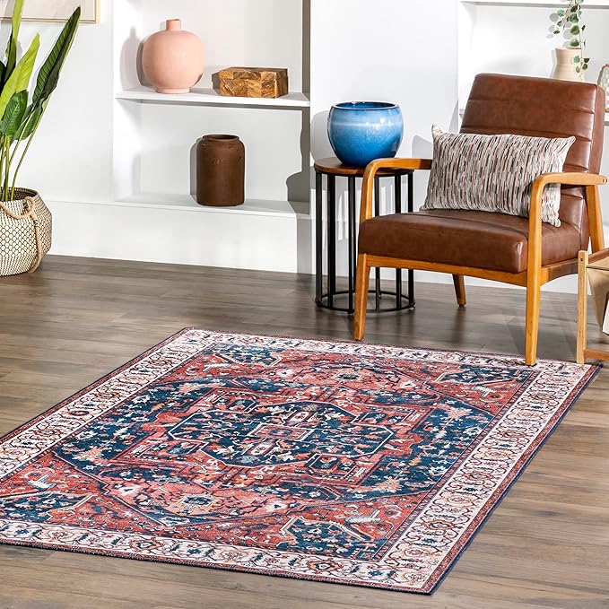 nuLOOM 8x10 Machine Washable Rain Haven Vintage Medallion Area Rug, Rust, Traditional Faded Design, Non-Slip Backing, Stain Resistant, For Bedroom, Dining Room, Living Room, Kitchen - LeafyLoom