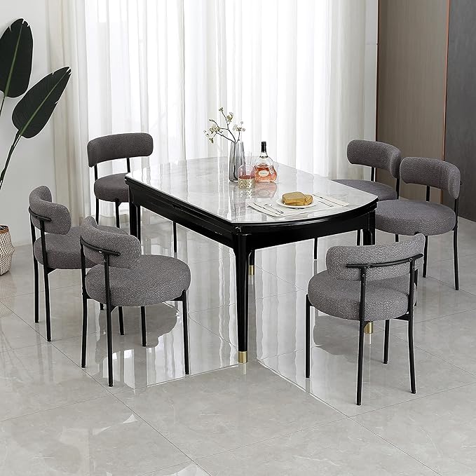 DYHOME Dark Grey Dining Chairs Set of 2, Mid-Century Modern Dining Chairs, Kitchen Dining Room Chairs, Curved Backrest Round Upholstered Boucle Sherpa Dining Chair with Black Metal Legs - LeafyLoom