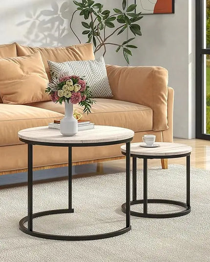 Round Coffee Table Set of 2 for Living Room,Black Small Coffee Table Living Room Table,Nesting Tables Metal Frame/Wood,Sturdy and Easy Assembly,Stacking Side Tables Bedroom,White Oak - LeafyLoom