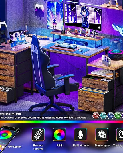 Unikito Reversible L Shaped Computer Desk with Fabric File Drawers, 70.8" Large Office Desk with RGB LED Lights & Power Outlets & Monitor Stand & CPU Stand, Sturdy Corner Gaming Desk, Rustic Brown - LeafyLoom