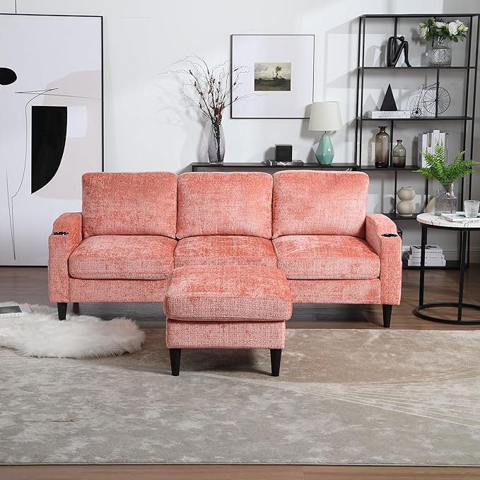 Convertible Sectional Sofa with Movable Storage Ottoman and Cupholders, 3 Seater L-Shaped Corner Couch,Chenille Upholstered Furniture w/Detachable Thicked Cushions for Living Room, Small Space - LeafyLoom