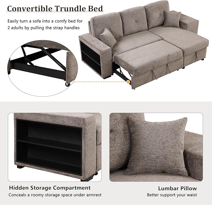95" L-Shaped Sectional Sleeper Sofa with Storage Chaise &Pull-Out Bed, Velvet Upholstered Reversible Corner Couch w/ 2 Stools, for Living Room, Apartment, 95 Inch, Knox Charcoal - LeafyLoom