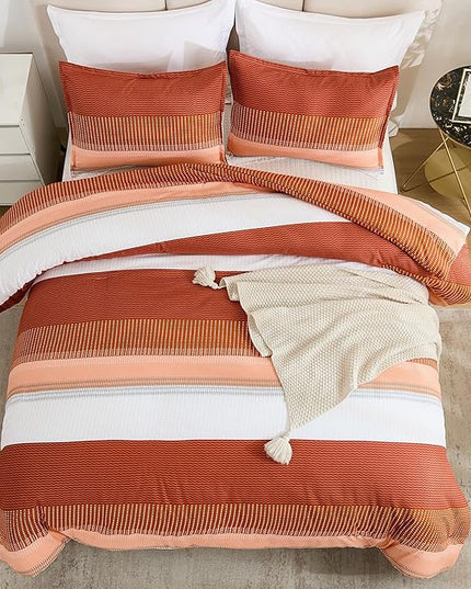 Litanika Burnt Orange Comforter Sets for Queen Bed, 3 Pieces Boho Terracotta Stripe Colorblock Bedding Comforter Set, Rust Fluffy Bed Set (90x90In Comforter, 2 Pillowcases) - LeafyLoom