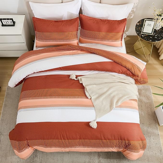 Litanika Burnt Orange Comforter Sets for Queen Bed, 3 Pieces Boho Terracotta Stripe Colorblock Bedding Comforter Set, Rust Fluffy Bed Set (90x90In Comforter, 2 Pillowcases) - LeafyLoom