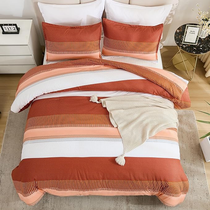 Litanika Burnt Orange California King Comforter Set - 3 Pieces Boho Terracotta Cal King Oversized Lightweight Summer Rust Colorblock Stripe Bedding Set (104x96In, 2 Pillowcases) - LeafyLoom