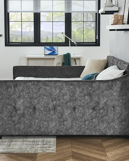 Queen Size Upholstered Tufted Daybed with Two Pull Out Drawers Bed, Button Polyester on Back, Waved Shape Arms,No Need Boxing Spring, for Bedroom, Living Room, Grey - LeafyLoom