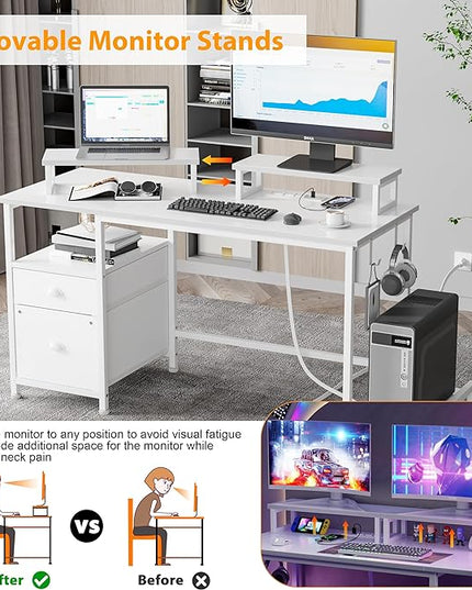 Furologee White Computer Desk with Drawer and Power Outlets, 47" Office Desk with 2 Monitor Stands and Fabric File Cabinet, Writing Gaming Table with Shelves and 2 Hooks for Home Office - LeafyLoom