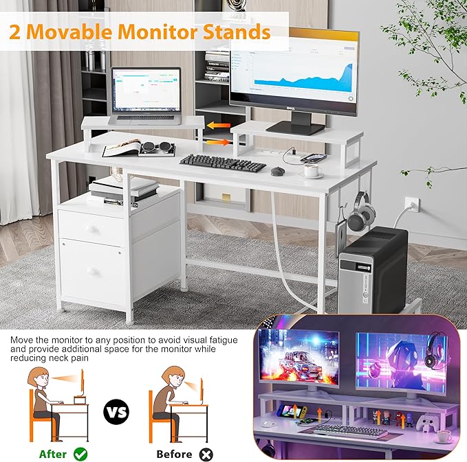 Furologee White Computer Desk with Drawer and Power Outlets, 47" Office Desk with 2 Monitor Stands and Fabric File Cabinet, Writing Gaming Table with Shelves and 2 Hooks for Home Office - LeafyLoom