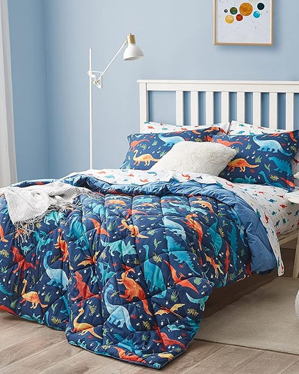 Kids Twin Bedding Comforter Set for Boys, 5 Pieces Soft Lightweight Dinosaur Bedding Twin Set with Sheets, Bed in a Bag, Durable Boys Twin Comforter Set - LeafyLoom