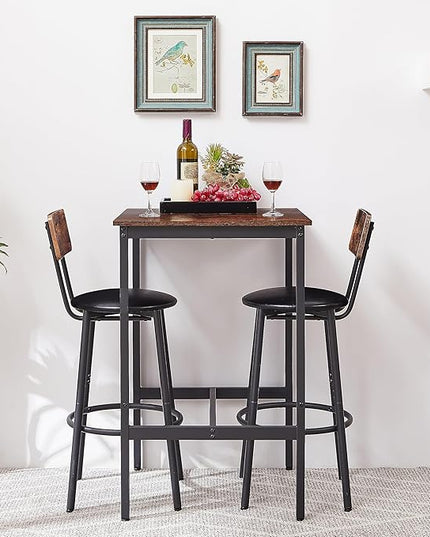 2 PU Soft Seat with Backrest & Footrest, Counter Height Stools for Apartment Dining Room Kitchen or Small Space Easy to Assemble Rustic Brown, 3-Piece Square Bar Table Set - LeafyLoom