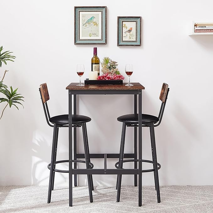2 PU Soft Seat with Backrest & Footrest, Counter Height Stools for Apartment Dining Room Kitchen or Small Space Easy to Assemble Rustic Brown, 3-Piece Square Bar Table Set - LeafyLoom