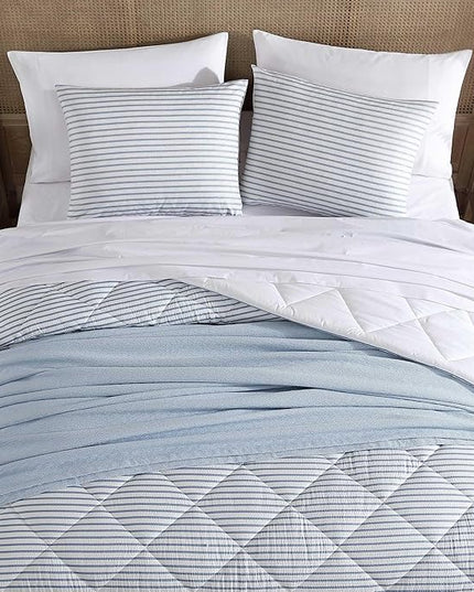Nautica - King Comforter Set, Luxuriously Soft Seersucker Textured Bedding with Matching Shams, Wrinkle-Free Striped Home Decor (Windsor Blue, King) - LeafyLoom