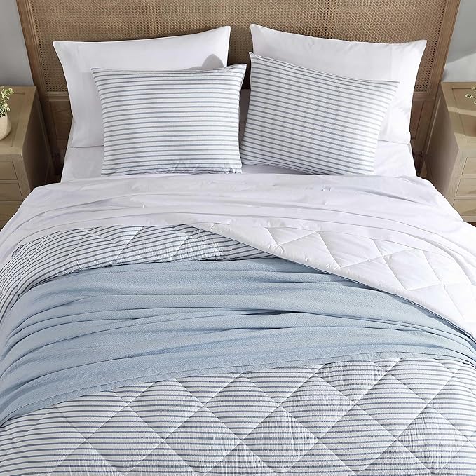 Nautica - King Comforter Set, Luxuriously Soft Seersucker Textured Bedding with Matching Shams, Wrinkle-Free Striped Home Decor (Windsor Blue, King) - LeafyLoom