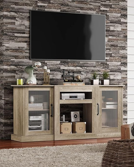 WLIVE Retro TV Stand for 65 inch TV, TV Console Cabinet with Storage, Open Shelves Entertainment Center for Living Room and Bedroom, Greige - LeafyLoom
