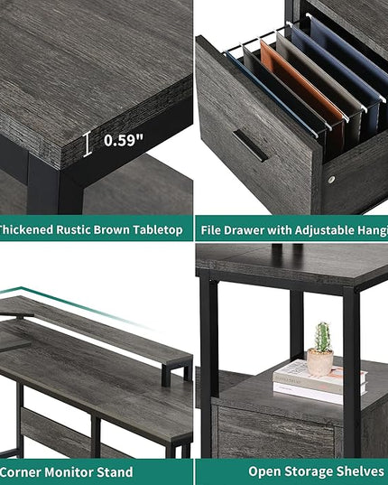 YITAHOME L Shaped Desk with Lift Top, 65" Adjustable Standing Desk with File Drawer, Corner Computer Desk with Storage Shelves,Home Office Desk, Grey - LeafyLoom