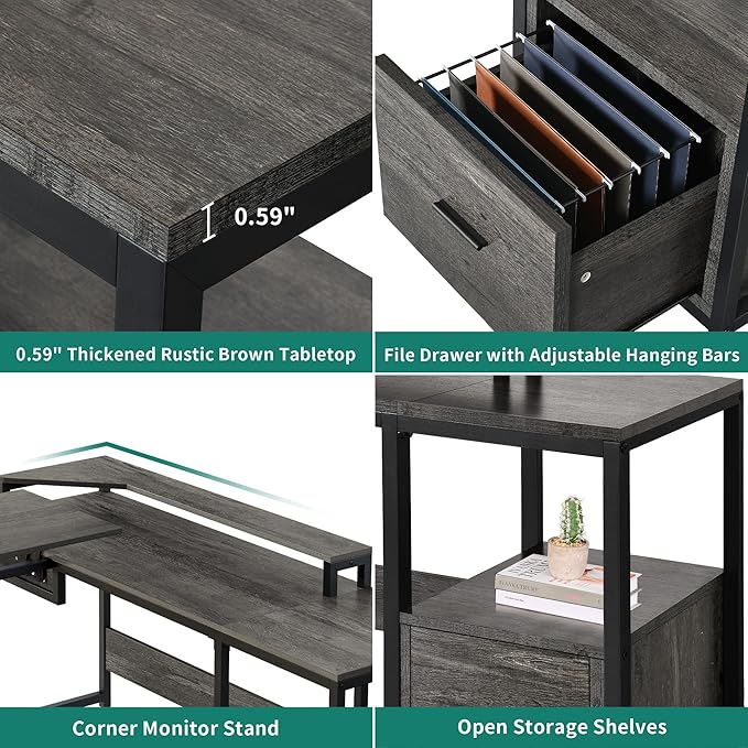 YITAHOME L Shaped Desk with Lift Top, 65" Adjustable Standing Desk with File Drawer, Corner Computer Desk with Storage Shelves,Home Office Desk, Grey - LeafyLoom