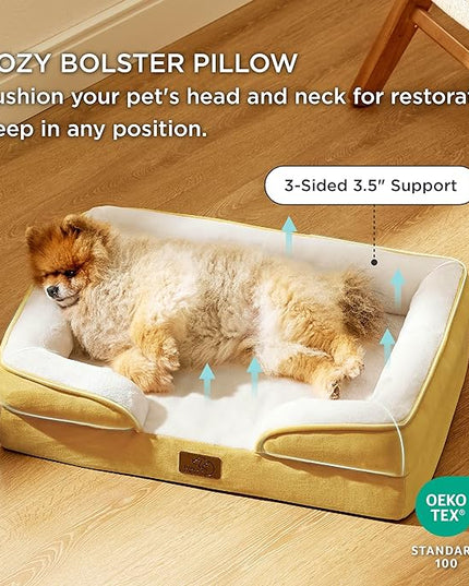 Bedsure Small Orthopedic Dog Bed - Washable Bolster Dog Sofa Beds for Small Dogs, Supportive Foam Pet Couch Bed with Removable Washable Cover, Waterproof Lining and Nonskid Bottom, Spicy Mustard BEDSURE