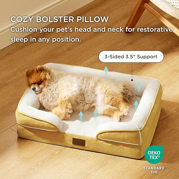 Bedsure Small Orthopedic Dog Bed - Washable Bolster Dog Sofa Beds for Small Dogs, Supportive Foam Pet Couch Bed with Removable Washable Cover, Waterproof Lining and Nonskid Bottom, Spicy Mustard BEDSURE
