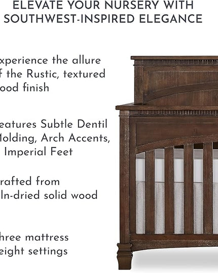 Evolur Santa Fe 5-in-1 Convertible Crib in Antique Brown, Greenguard Gold Certified, Features 3 Mattress Heights, Wooden Nursery and Bedroom Furniture, Baby Crib - LeafyLoom